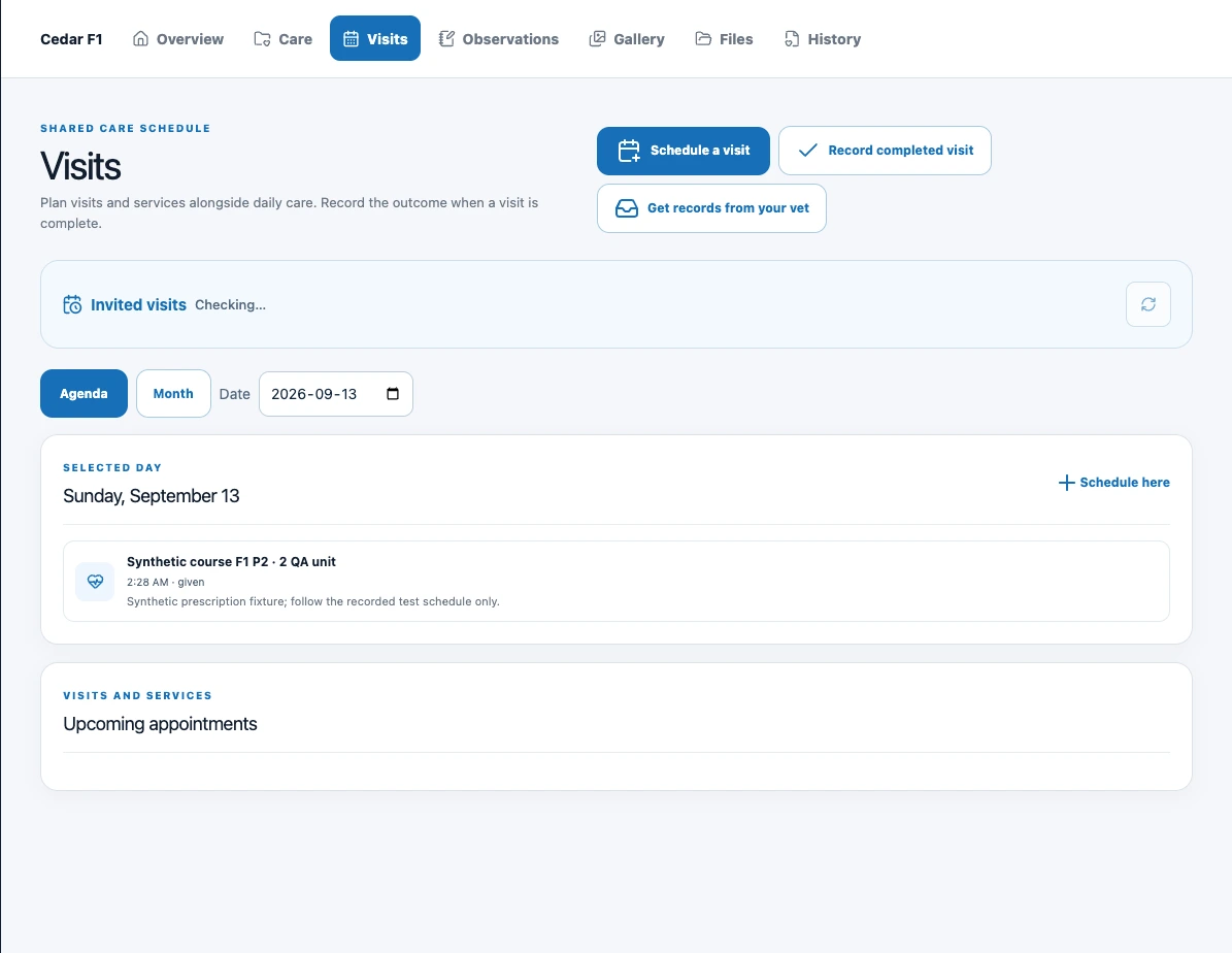 Individual visits in the portal. Existing animal-record tools; this is not a litter-management dashboard.
