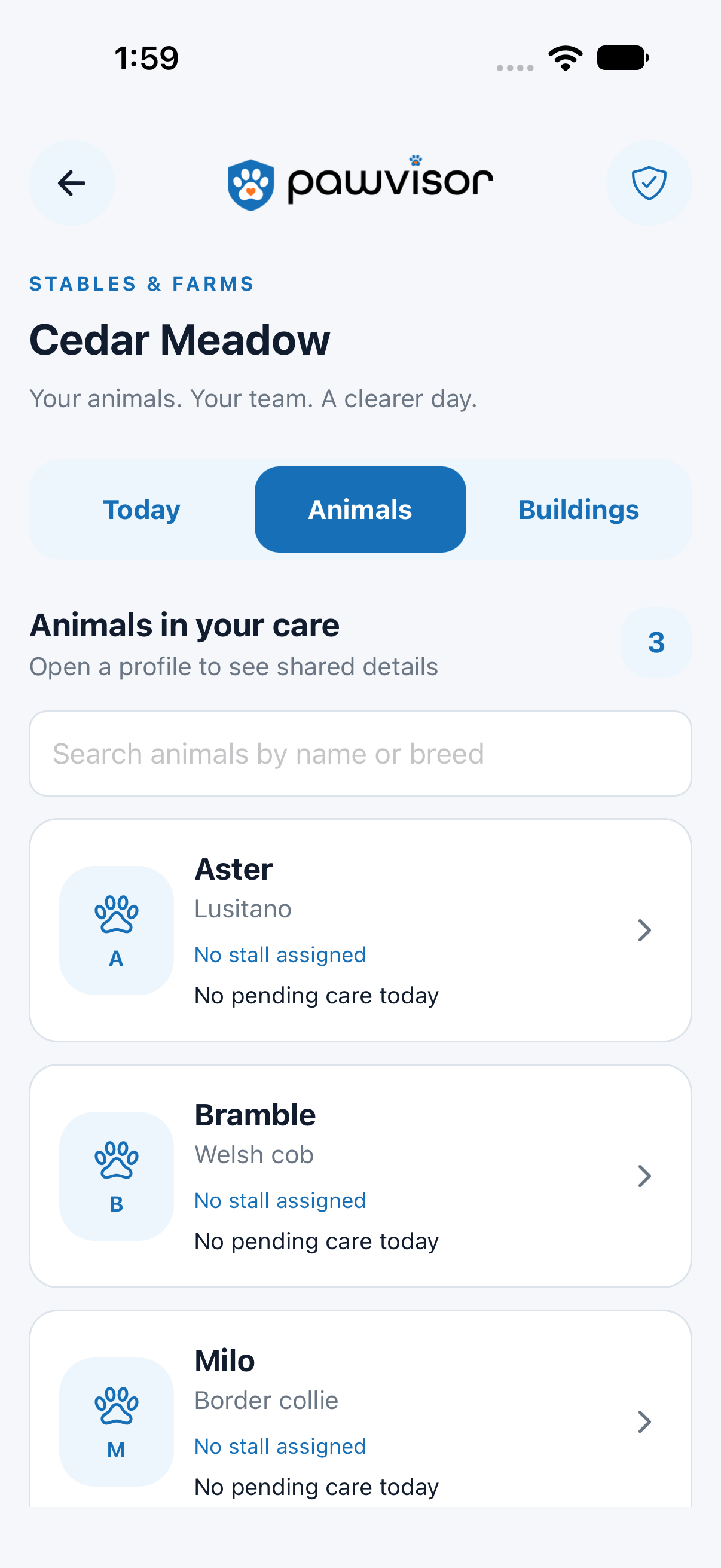 The redesigned mobile animal roster. Actual iPhone development build with example animals and current owner-authorized access.